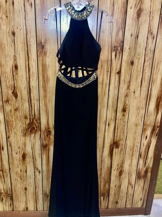 Alyce Paris Black Beaded Two Piece Prom Gown Open Back Halter 4 Rare Formal - Picture 2 of 11